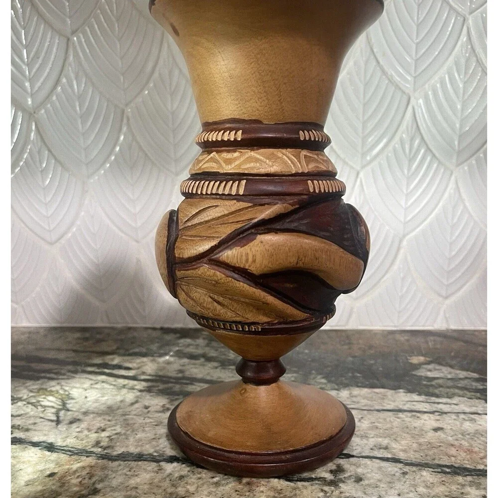 Wood Carved Vase Snake Eating Tail Design
